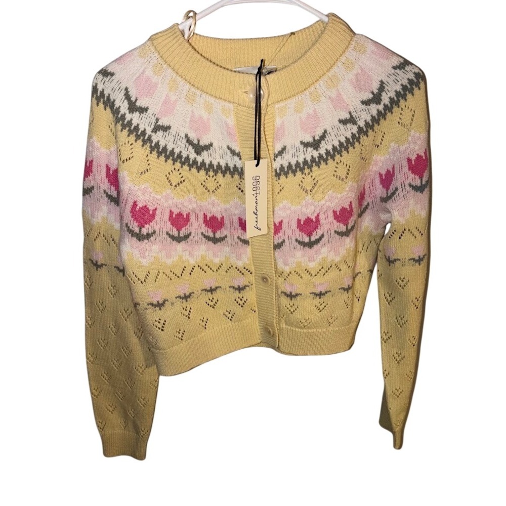 Freshman 1996 Womens Yellow Tulip Fair Isle Knit Cardigan Sweater Size S